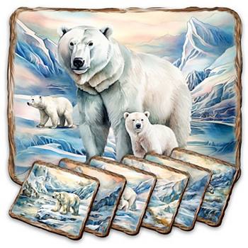 Polar Bear Wooden Cork Placemat And Coasters Gift Set Of 7 Nature Wonders