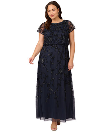 Plus Size Blouson Beaded Short-Sleeve Gown Adrianna Papell
