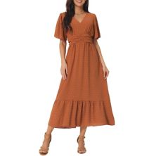 Women's Boho Dress Ruffle Short Sleeve V Neck Swiss Dots Tiered Midi Dress Smocked Beach Dress Seta T