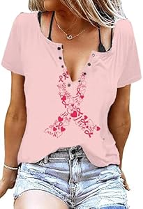 Breast Cancer Outfits T Shirts Women V Neck Pink Ribbon Graphic Tee Tops Funny Breast Cancer Awareness Shirts for Teen Girls LUBERLIN