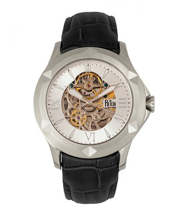 Dantes Automatic Silver Case, часы из натуральной черной кожи 47 мм Reign