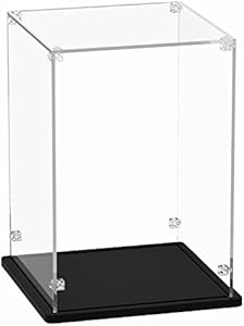 Acrylic Display Case 8x8x12 inch - 3mm Thick Acrylic Display Box with Black Wooden Base, Assemble Dustproof Showcase Clear Display Case for Collectibles Figures Lego Helmet Doll Toys Models Gemutlich