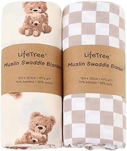 LifeTree Muslin Swaddle Blankets Neutral, Baby Swaddling Wrap Nursery Blanket for Boys & Girls Unisex, Soft 70% Viscose from Bamboo and 30% Cotton, Large 47 x 47 inches, Bear & Checkered Coffee LifeTree