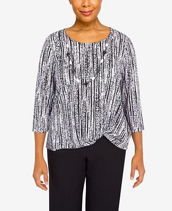 Women's Summer in The City Vertical Twist Hem Crew Neck Top with Necklace Alfred Dunner