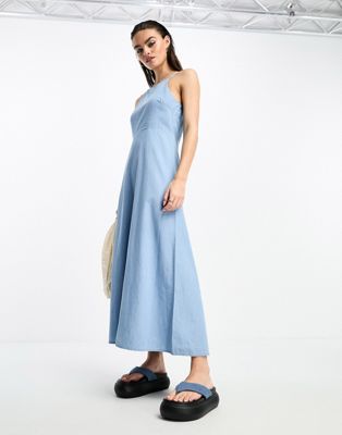 Голубое джинсовое платье макси с вырезом халтер Selected Femme Selected