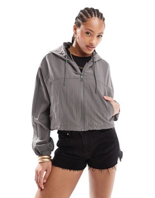 Pull&Bear cropped boxy nylon look hooded jacket in gray Pull&Bear