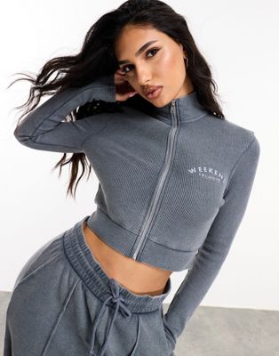 ASOS WEEKEND COLLECTIVE waffle zip up sweatshirt with logo in acid washed gray - part of a set ASOS Weekend Collective