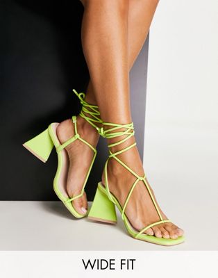 RAID Wide Aysha tie ankle mid heeled sandals in lime Raid Wide Fit