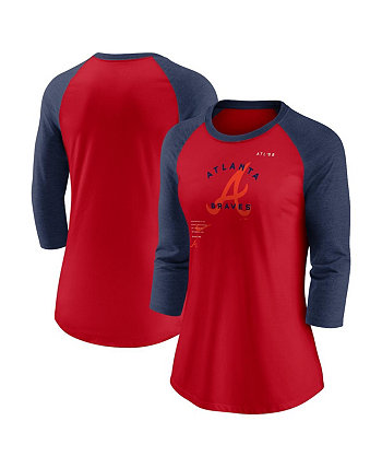 Женская красно-темно-синяя футболка Atlanta Braves Next Up Tri-Blend с рукавами 3/4 и регланом Nike