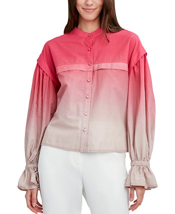 Женская хлопковая блуза с эффектом «омбре» и оборками на манжетах BCBGMAXAZRIA