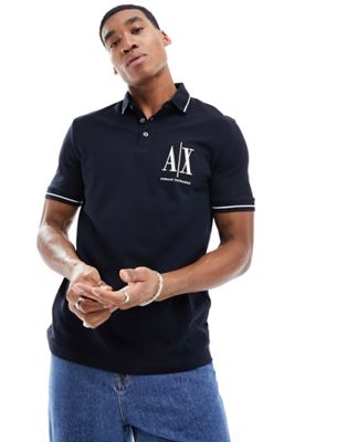 Темно-синяя рубашка-поло из пике с большим логотипом Armani Exchange AX ARMANI EXCHANGE