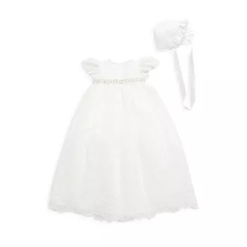 Baby Girl's Beaded Lace Dress &amp; Bonnet Set Macis Design