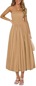 PRETTYGARDEN Women's 2025 Summer Strapless Tube Midi Dress Smocked A Line Bubble Long Flowy Casual Elegant Party Dresses Prettygarden