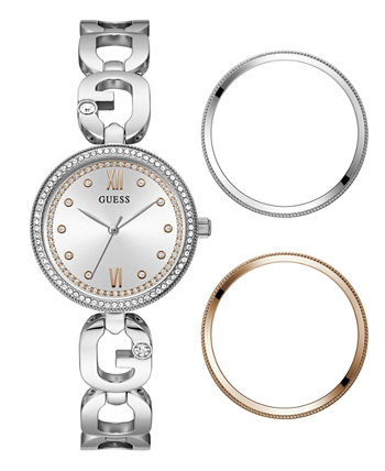 Женские аналоговые серебристые стальные часы, 30 мм, комплект с 3 кольцами на циферблате GUESS