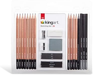 Набор для рисования KINGART 141 PRO, 26 предметов: графитовые и угольные карандаши, ластики и точилки для любого уровня. Kingart