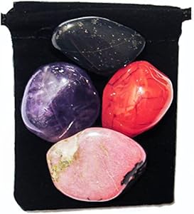 CANCER FIGHTER - Professionally Selected Tumbled Crystal Healing Set with Pouch & Description Card - Amethyst, Carnelian, Rhodonite, and Tourmaline Genuine Gemstones The Magic Is In You