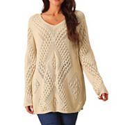 Women's V Neck Long Sleeve Hollow Cable Knit Loose Casual Pullover Sweaters Seta T