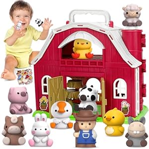 KMUYSL Toys for 1 2 3 Years Old Boys Girls, Big Red Barn Farm Animal Playset for Boys Girls, Learning Toys, Montessori Toys, Christmas Birthday Easter Gift for Baby Kids Toddlers Age 12-18 Months KMUYSL