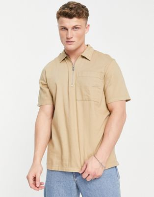Песочная рубашка с короткими рукавами и полумолнией Selected Homme Selected