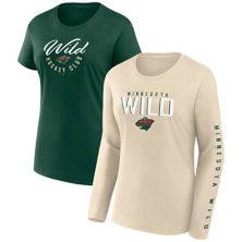 Women's Fanatics Branded  Green/Cream Minnesota Wild Long and Short Sleeve Two-Pack T-Shirt Set Fanatics