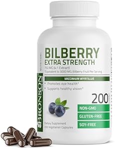 Bronson Bilberry Extra Strength Vaccinium Myrtillus, Promotes Eye Health and Supports Healthy Vision - Non GMO, 200 Vegetarian Capsules Bronson