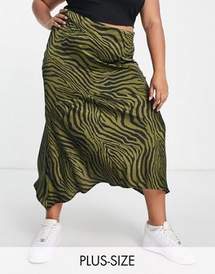 Lola May Plus satin midi skirt in green zebra print Lola May Curve
