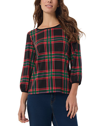 Petite Plaid 3/4-Sleeve Crewneck Top Jones New York