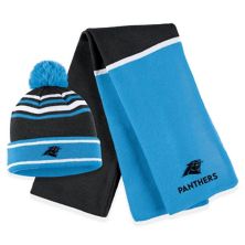 Женская одежда от Erin Andrews Blue Carolina Panthers Вязаная шапка с цветными блоками с манжетами, помпоном и шарфом WEAR by Erin Andrews