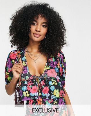 Annorlunda puff sleeve floral cropped blouse in multi - part of a set Annorlunda