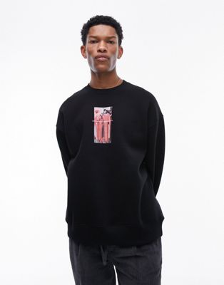 Topman oversized fit sweatshirt with floral warp chest print in black TOPMAN
