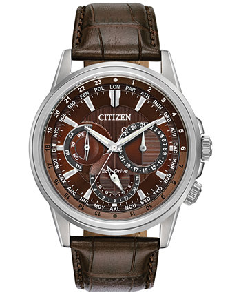 Мужские часы с календарем Eco-Drive с коричневым кожаным ремешком, 44 мм Citizen