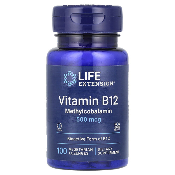Витамин B12, Метилкобаламин - 500 мкг - 100 вегетарианских леденцов - Life Extension Life Extension