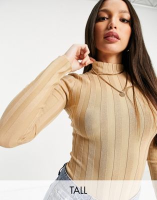 Missguided Tall ribbed high neck bodysuit in camel Missguided Tall