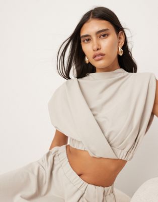 ASOS EDITION jersey twist detail crop top with elastic hem in pale gray - part of a set ASOS EDITION