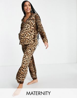 Коричневые атласные пижамные трусы с леопардовым принтом River Island Maternity — часть комплекта RIVER ISLAND