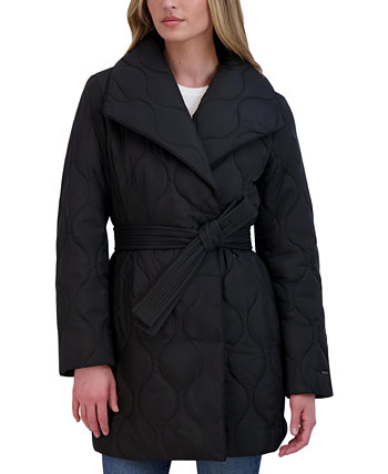 Женское асимметричное стеганое пальто с поясом Tahari