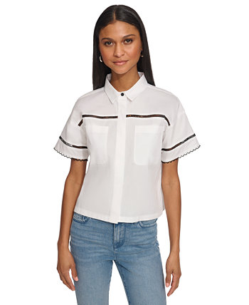 Women's Collared Cotton Logo Lace Shirt Karl Lagerfeld Paris