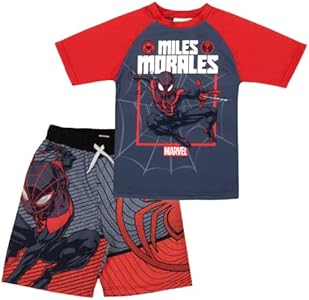 Marvel Boys Avengers Spiderman Black Panther Captain America Miles Morales 2-Piece Swimsuit Set, Rash Guard & Swim Trunks Marvel