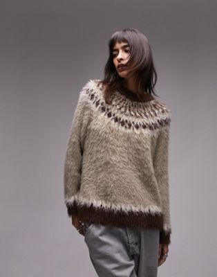 Ультра-пушистый вязаный свитер в стиле файрайл нейтрального цвета от Topshop TOPSHOP
