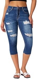 roswear Women's Capri Jeans Ripped Stretch Denim Capris Mid Rise Skinny Cropped Pants Roswear