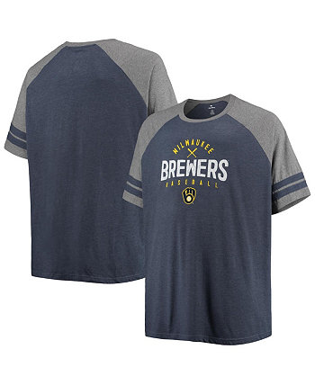 Men's Heathered Navy, Heathered Gray Milwaukee Brewers Big & Tall Two-Stripe Raglan Tri-Blend T-shirt Profile