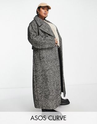 Элегантное черно-белое пальто с поясом в елочку ASOS DESIGN Curve ASOS Curve