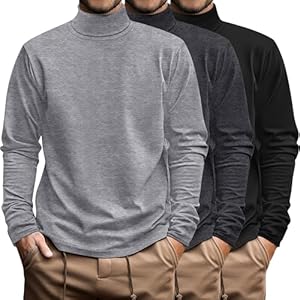 Ficerd 3 Pack Men's Big and Tall Turtleneck Shirts Long Sleeve Mock Turtleneck Cotton Tops Oversize Slim Fit Basic Tee Ficerd