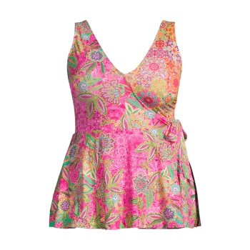 Flamingo Floral Skirted One-Piece Swimsuit Johnny Was, Plus Size