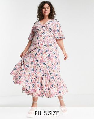 Yours wrap midi dress with tiered hem in white ditsy floral Yours