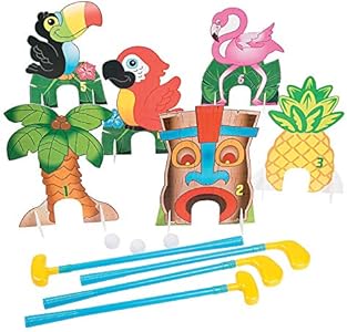 Fun Express Luau Tropical Themed Put Put Miniature Golf Game (Includes 4 Clubs, 4 Balls and 6 Hole Markers) Party Games for Kids Fun Express