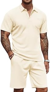 COOFANDY Men's Waffle Knit Polo Shirt and Shorts Set 2 Pieces Outfits Summer Suit Casual Tracksuit with Pockets Coofandy