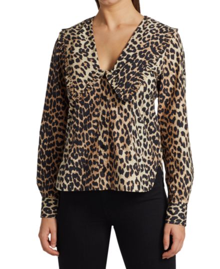 Поплиновая блузка с леопардовым принтом GANNI