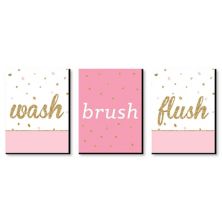 Big Dot of Happiness Girl - Pink and Gold - Kids Bathroom Rules Wall Art - 7.5 x 10 inches - Set of 3 Signs - Wash, Brush, Flush Big Dot of Happiness