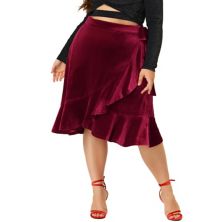 Women's Plus Size Party Ruffled Hem Knee Length Velvet Wrap Skirt Agnes Orinda